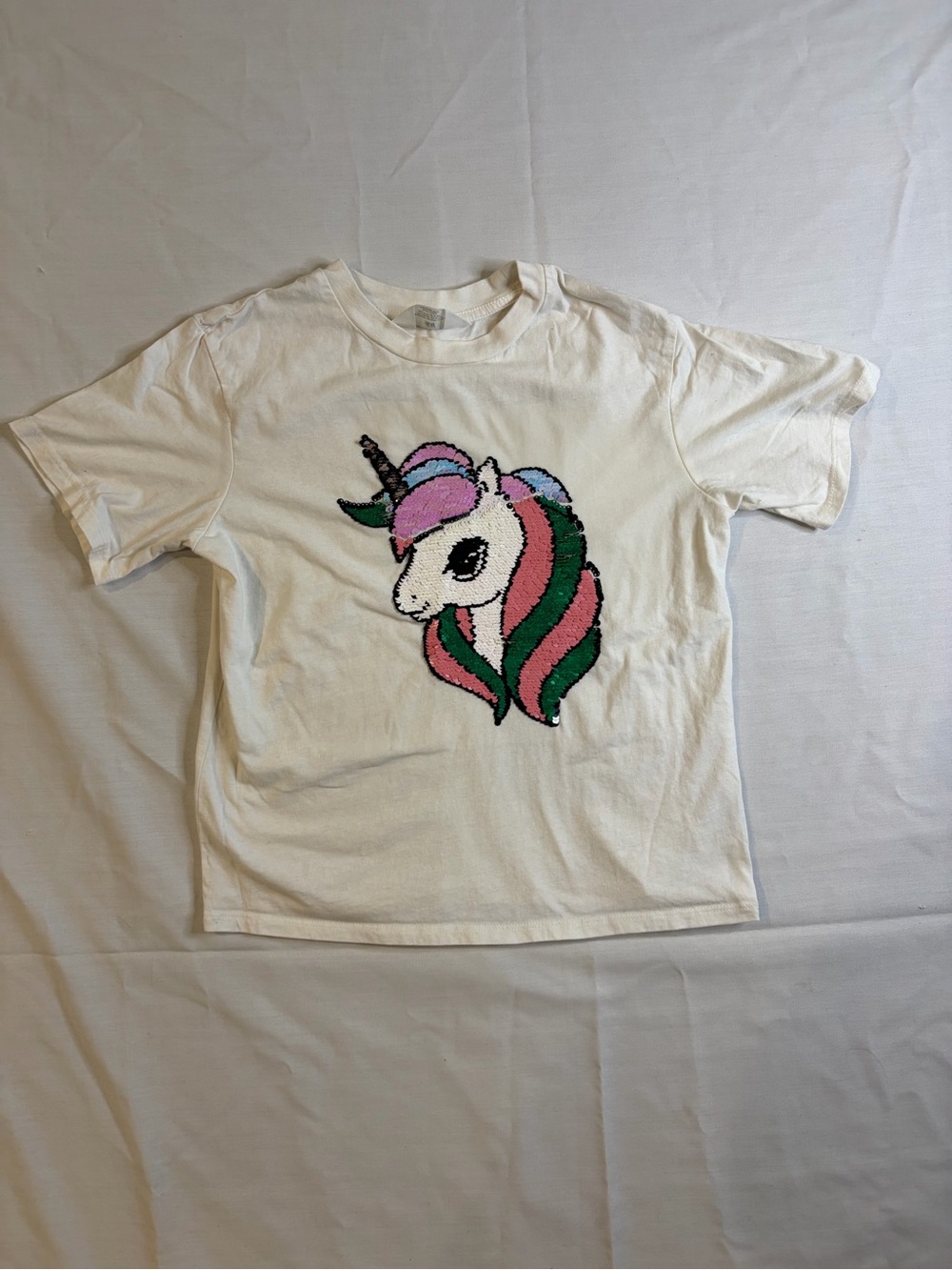 H&M White Tee with Pink & Green Sequin Unicorn